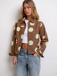Nöista Women's Geometric Pattern Casual Daily Denim Jacket - Brown - View 2