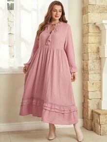 EMERY ROSE Plus Size Women's Solid Color Frill Trim Tassel Tie Neck Long Sleeve Dress - Dusty Pink - View 6