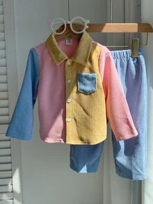 2pcs Baby Boy & Girl Toddler Autumn/Winter Colorblock Corduroy Long Sleeve Shirt & Elastic Waist Pants Set, Versatile & Comfortable - Multicolor - View 4