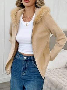 Easowa Women's Plush Patchwork Casual Daily Outing Hooded Cardigan - Khaki - View 1