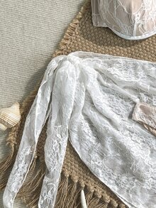 Bonvoyette 女款 3 件組海灘泳衣套裝，含鋼圈蕾絲背心、三角比基尼泳褲與綁帶式裙襬 - 白色 - 查看 6