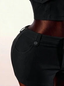 Amplova Women's U-Neck Sexy Avant-Garde Button Detail Set, Suitable For Daily Wear, Distressed Style Halloween Night Out Going Out Club Black Summer - Black - View 7