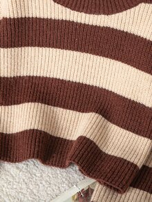SHEIN Elladie kids 女童條紋圓領長袖休閒百搭針織衫 - 棕色 - 查看 5