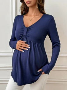 DAZY Solid Color Loose Hem Long Sleeve V-Neck Elegant Vacation Spring/Autumn Maternity T-Shirt - Blue - View 4