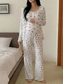 DAZY Floral Print Contrast Lace Camisole Loose Cardigan Straight Leg Pants Casual Daily Home Wear Maternity 2 Pieces Set - White - View 4