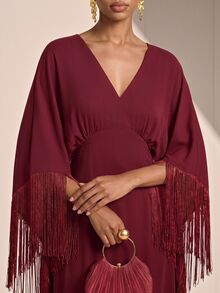 Vesra Wine Red Cape Sleeve 2 In 1 Tassel Patchwork Elegant Women's Long Dress - Burgundy - View 3