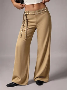 Avenya Low Waist Rivet & Ribbon Decor Wide Leg Pants, Slimming Drape, Casual Daily Commute - Khaki - View 5