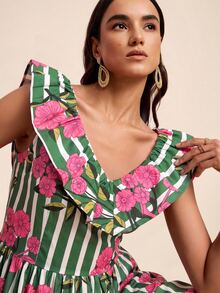 LOTSLUV Women's Spring/Summer Vacation V-Neck Structured Ruffle Embroidered Cinched Waist Ruched Blue Striped And Pink Floral Placement Print Dress - Green - View 6