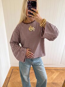 SHEIN EZwear Overseas 大尺碼長袖條紋圓領T恤，秋季上衣，適合日常通勤、聚會、秋冬春夏、聖誕節、新年、感恩節、派對、婚禮、海灘、畢業典禮、優雅、外出、約會、通勤、情人節、優雅、度假、Y2K、畢業典禮等場合 - 彩色 - 查看 5