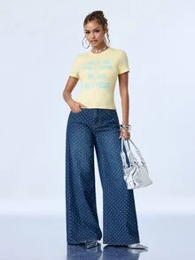 Y2Kool Women's Polka Dot Pattern Pocket Wide Leg Loose Fit Jeans - Dark Wash - View 6