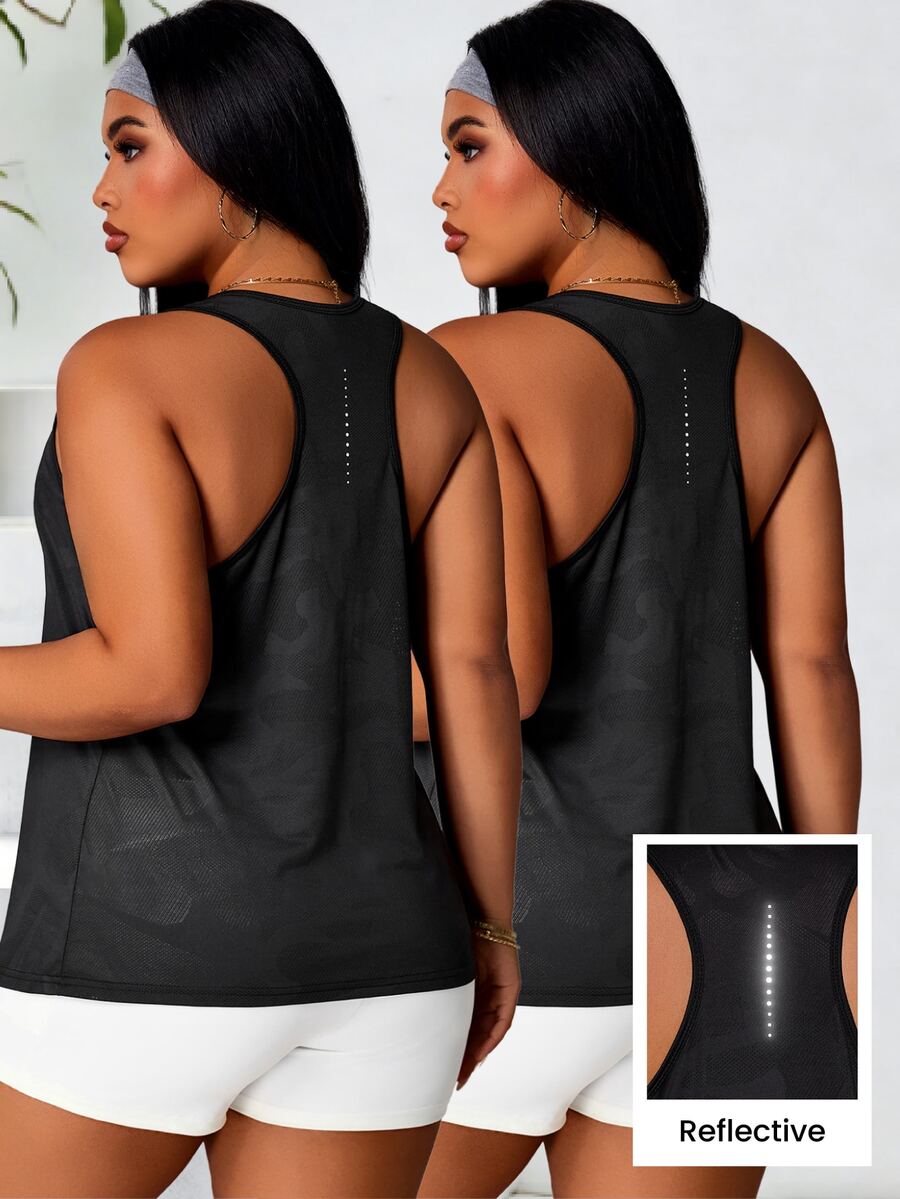 SHEIN Velisys Plus Size Women's Daily Fitness Sports Tank Top - Black - View 1