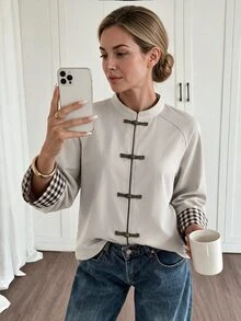 Louniche Women's Plaid Patchwork Casual Versatile Daily Long Sleeve Jacket - Apricot - View 3