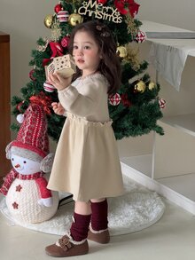 DAZY Baby Girl Round Neck Color Block Ruffle Cute Long Sleeve Dress - Beige - View 6