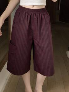 DAZY Women's Elastic Waist Striped Pocket Design Casual 7/8 Length Pajama Pants - Red - View 3