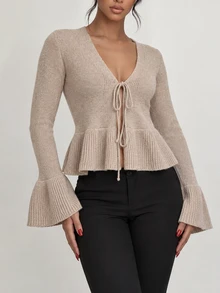 Selianne Women's V-Neck Ruffle Long Sleeve Knit Cardigan - Apricot - View 1