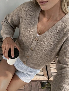 SHEIN كارديجان محبوك بياقة على شكل حرف V وأكمام طويلة للخريف/الشتاء - كاكي - مشاهدة 7