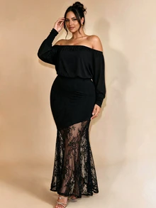 Cravure Plus Size Women's Autumn/Winter Square Neck Loose Top Fitted Bottom Lace Patchwork Elegant Party Dress - Black - View 3