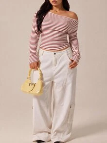 GalTyme Plus Size Street Fashion Versatile Striped Colorblock Long Sleeve T-Shirt - Red and White - View 4