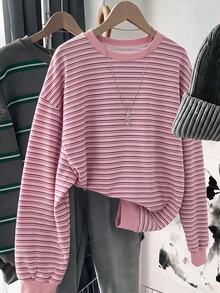 SHEIN LUNE 女款條紋休閒日常長袖運動衫 - 白色 - 查看 1