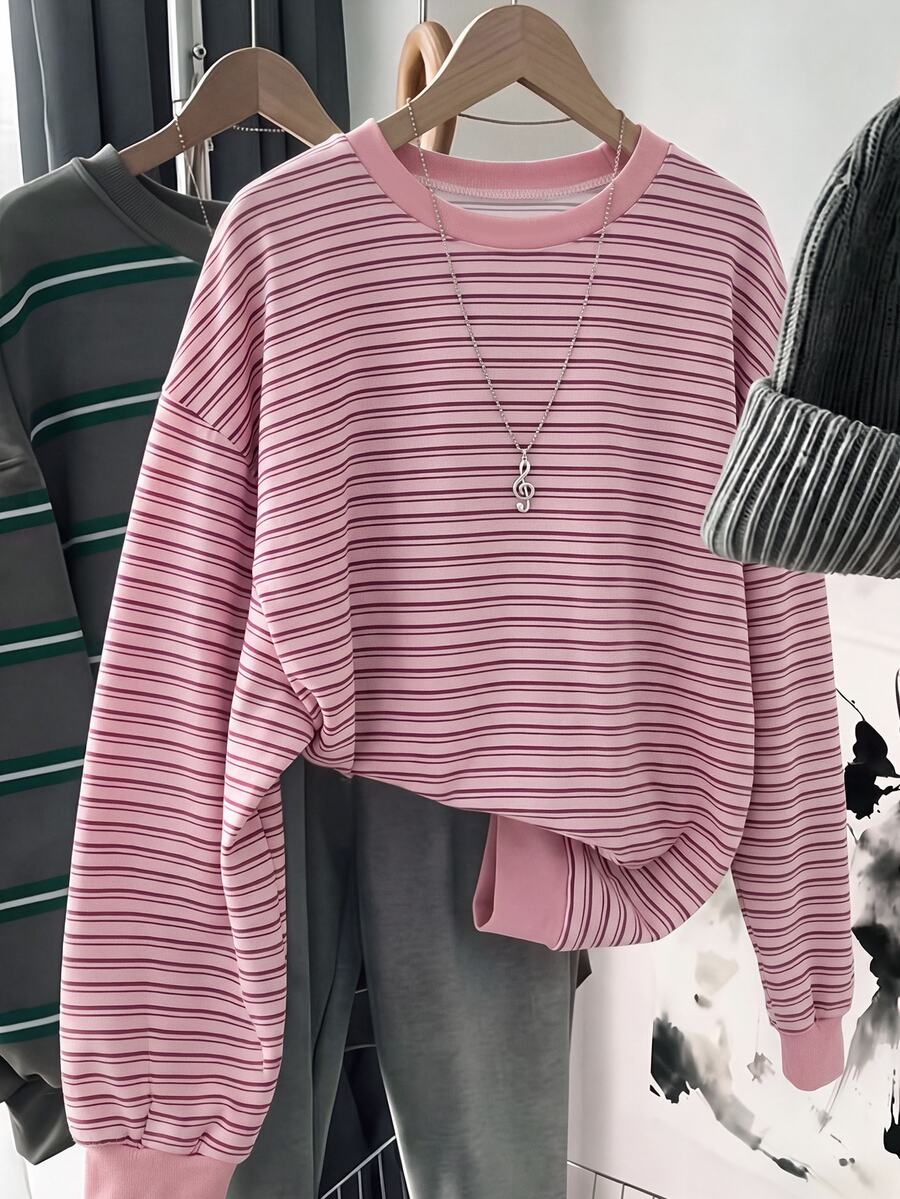 SHEIN LUNE 女款條紋休閒日常長袖運動衫 - 白色 - 查看 1