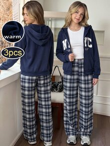 青少年女孩 NYC 字母印花拉鍊抓絨連帽外套、白色背心、格紋寬腿褲 3 件套，寬鬆休閒街頭風運動套裝，適合日常穿著 - 灰色 - 查看 3