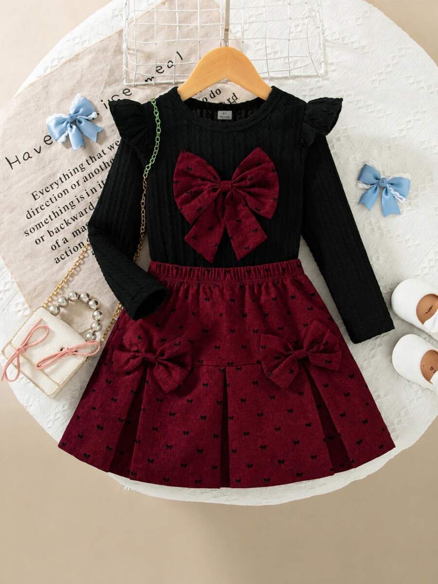 SHEIN Elladie kids 女童可愛休閒短袖羅紋上衣搭配時尚刺繡布料裙,舒適甜美 - 彩色 - 查看 1