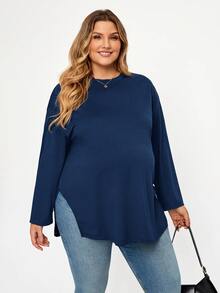 Plussiva 大尺碼孕婦純色極簡長袖開衩下擺上衣 - 藍色 - 查看 6