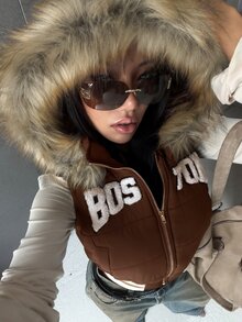 EgrlEra Maillard Style Boston Towel Embroidery Fur Collar Hooded Short Vest Retro Contrast Color Striped Hem Sleeveless Jacket - Brown - View 4