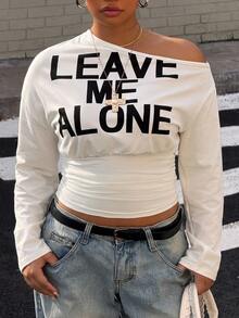 Muchica Plus Size Women's Slogan Print Asymmetrical Shoulder Long Sleeve Ruched Casual T-Shirt - White - View 3