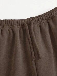 SHEIN 青少年女孩秋冬保暖內裡加厚簡約抽繩寬鬆直筒運動長褲，花卉灰色休閒運動褲，適合日常穿著 - 棕色 - 查看 5