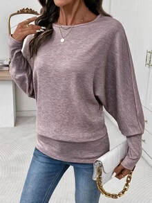 Editum Women's Autumn/Winter New Elegant Round Neck Apricot Soft Color Long Sleeve T-Shirt, Suitable For Daily And Multiple Occasions - Dusty Purple - View 6