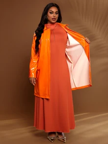 EMERY ROSE Plus Size Women's Solid Color PU Leather Single-Breasted Long Coat - Burnt Orange - View 8