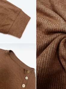 EMERY ROSE Plus Size Women's Solid Color Pullover Long Sleeve Button Textured Sweatshirt, Autumn/Winter Casual Long Sleeve Top - Brown - View 7