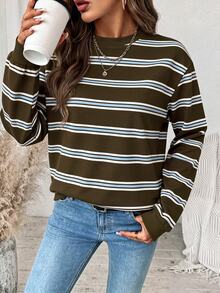 SHEIN LUNE 女款條紋拼色休閒日常長袖運動衫 - 白色 - 查看 5