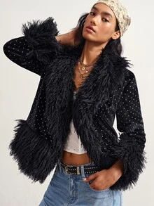 Bohemela Women's Polka Dot Fashion Versatile Winter Plush Patchwork Cardigan - Black - View 6