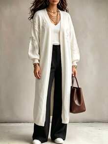 Linhara CURVE Plus Size Women's Autumn/Winter French Style Cream White Knitted Long Cardigan With 3D Rope Floral Embroidery, Lantern Sleeves, Casual Versatile Loose Fit Slimming Sweater Jacket, Suitable For Daily Commute, Dating And Other Occasions - White - View 5