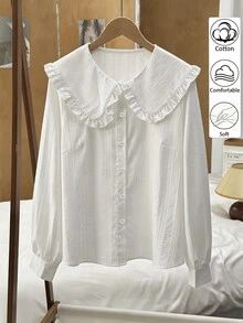 GlowEve CURVE Regalyn Plus Size Women's Solid Color Cotton Textured Jacquard Fabric Cute Korean Style Peter Pan Collar Blouse, Suitable For Spring And Autumn Layering - White - View 1