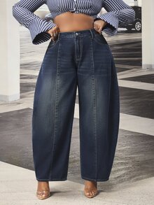 Slaydiva Celana Jeans Wanita Ukuran Besar dengan Saku dan Efek Cuci Vintage, Potongan Kaki Melengkung - Dark Wash - View 4