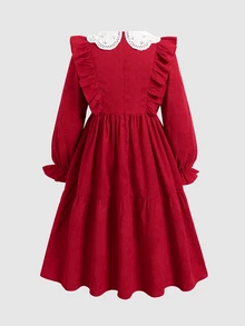 SHEIN 少女對比領紅色燈芯絨荷葉邊收腰A字洋裝 - 紅色 - 查看 2