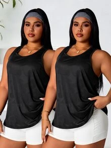 SHEIN Velisys Plus Size Women's Daily Fitness Sports Tank Top - Black - View 2