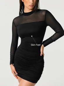 SHAPORA Comfortable Smooth Minimalist Casual Mesh Slim Fit Women's Nightgown - Black - View 1