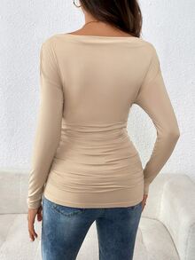 SHEIN Maternity Solid Color Boat Neck Pleated Long Sleeve Fitted T-Shirt - Khaki - View 2
