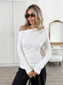 Easowa Women's Solid Color Asymmetrical Shoulder Long Sleeve Slim Fit Casual T-Shirt - White - View 3