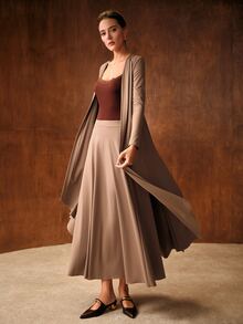 MOTF PREMIUM WOMEN'S CASUAL COMMUTE SHAWL & KNIT SKIRT 2 PIECES SET - Khaki - View 4