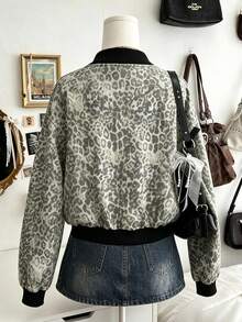 Collagica Collagica Women's Leopard Print Pocket Zipper Long Sleeve Jacket - Multicolor - View 2