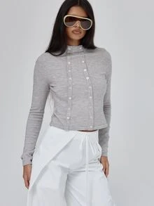 MUSERA Asymmetric Shell Button Detail Front Fitted High Neck Knitted Top Fall Autumn Winter Coolgirl Back To School Blancs - Khaki - View 2