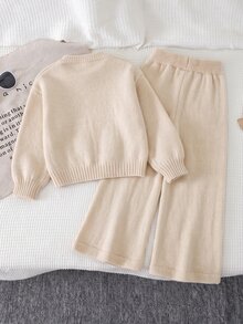 SHEIN Vintaside Kids 女童純色圓領長袖針織毛衣與直筒針織長褲套裝，休閒外出派對百搭款 - 杏色 - 查看 2
