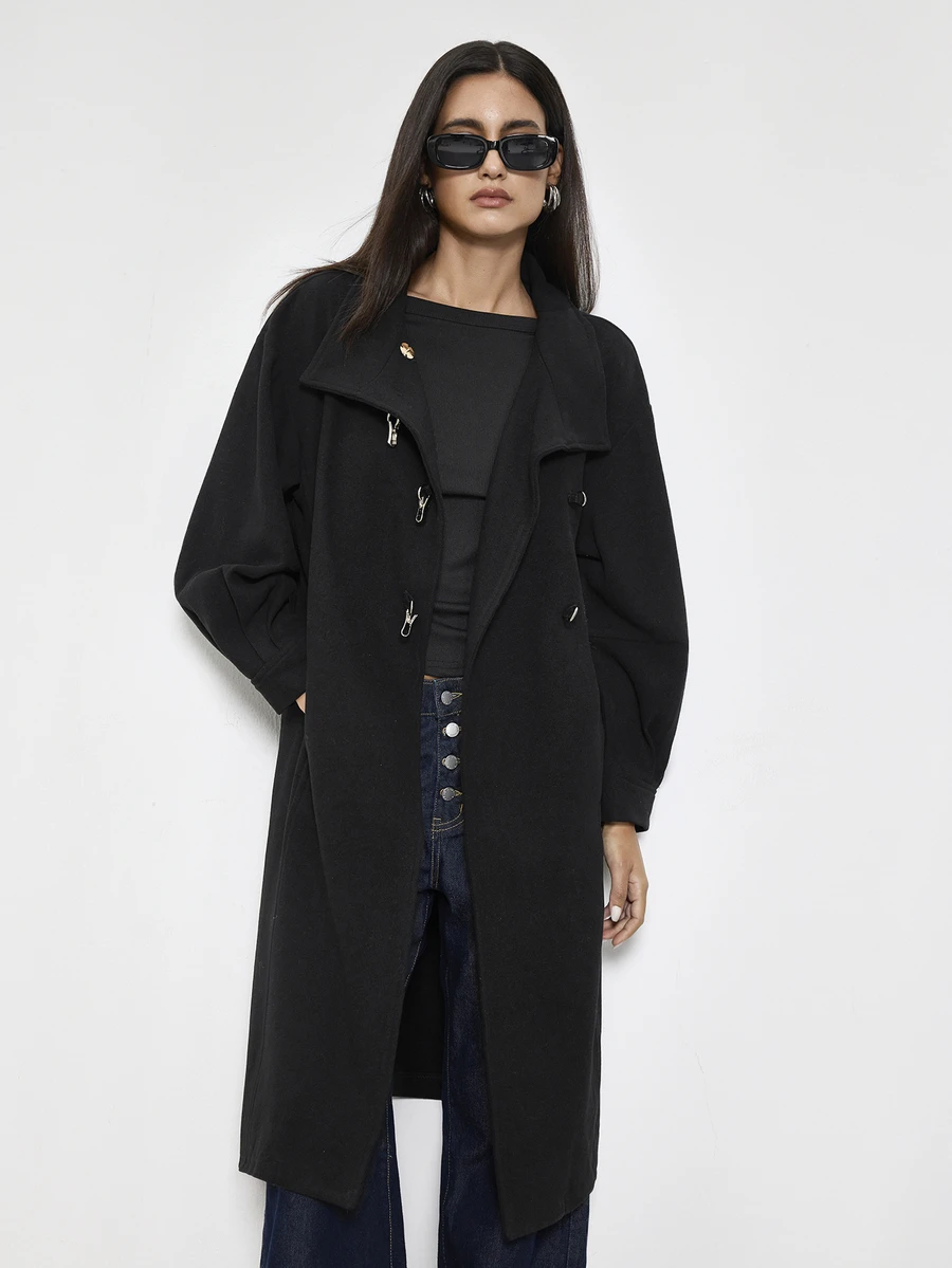Maija Women's Solid Color Airplane Buckle Placket Long Sleeve Loose Regular Fit Jacket - Black - View 1