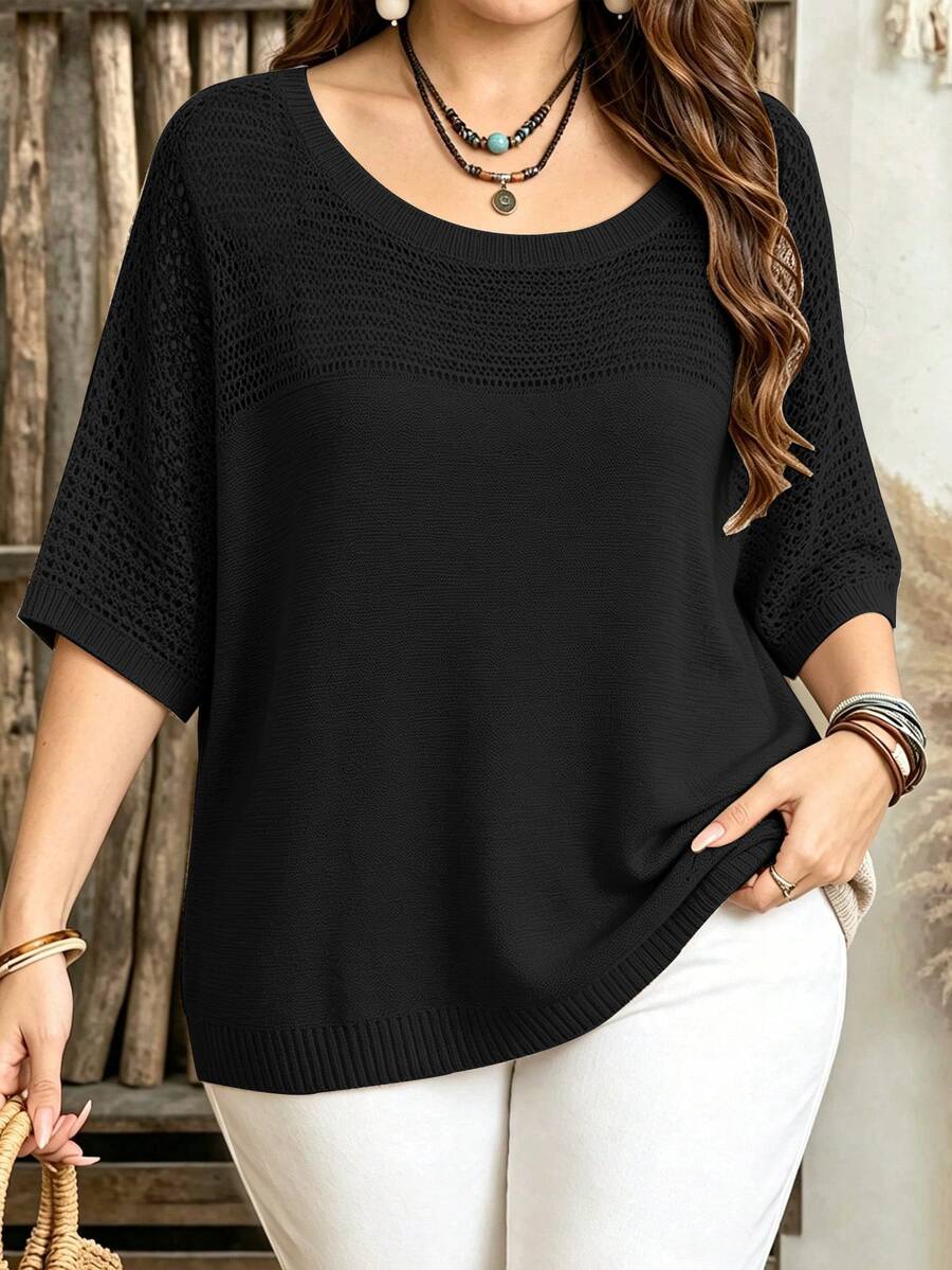 Lacomfia Plus Size Minimalist Fashion Hollow Out Pullover Sweater For Daily Wear - Black - View 1