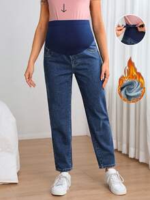 SHEIN 孕婦可調腰圍休閒日常牛仔褲 - 深色水洗藍 - 查看 8